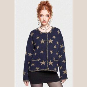 Romwe Hippie Star Pattern Navy Drop Shoulder Cardigan Medium